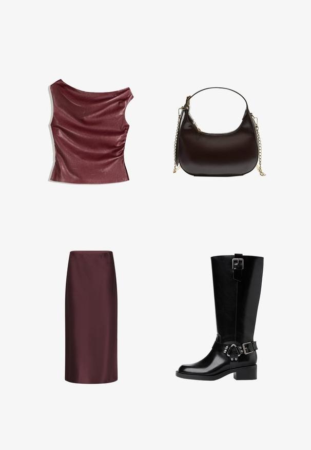 Top in finta pelle color bordeaux con parte anteriore drappeggiata, scollatura asimmetrica e dettaglio arricciato sul lato. Texture liscia, silhouette aderente.; Gonna a tubino in satin bordeaux con una consistenza liscia, design a lunghezza media e una silhouette aderente, caratterizzata da una leggerissima lucentezza.; Stivale in pelle nera fino al ginocchio con punta arrotondata, tacco spesso, cinturino regolabile con accessori in metallo e finitura lucida.; Borsa a tracolla in pelle nera con silhouette curva, dotata di una tracolla in catena dorata e una finitura liscia e lucida.