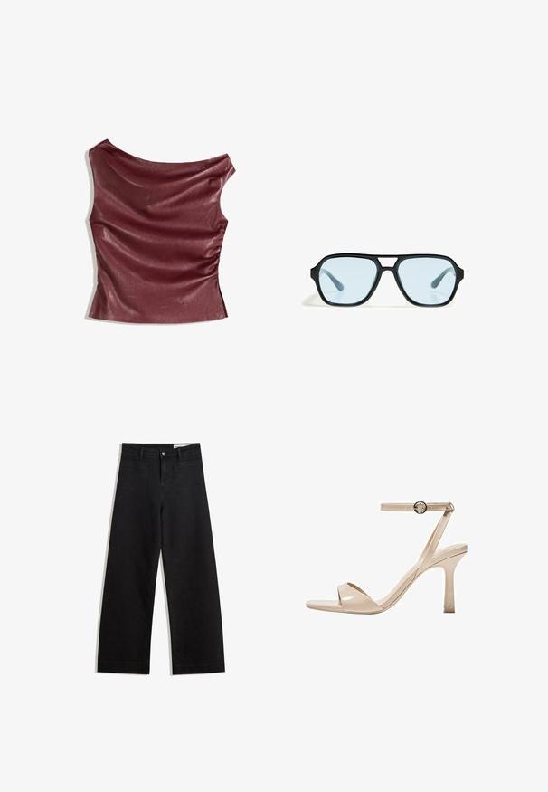 Top din piele ecologică burgundy, cu față drapată, gât asimetric și detalii strânse pe lateral. Textură netedă, siluetă ajustată.; Pantaloni din denim negri cu picioare largi, cu talie înaltă, având buzunare frontale și posterioare, cusături dublate și închidere cu nasture. Textură netedă.; Sandal cu toc înalt din piele patent nud, cu o curea subțire pentru gleznă și o cataramă circulară, design cu vârful descoperit și un toc stiletto subțire.; Ochelari de soare negri cu rame rectangulare, lentile cu nuanță albastră și un design distinctiv al punții. Finisaj elegant, textură subtilă.