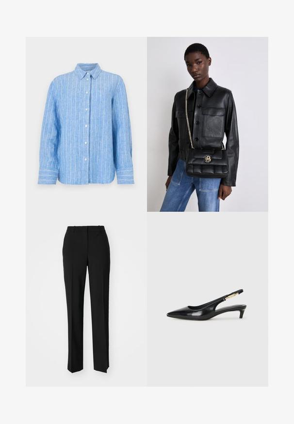 Ljusblå linne skjorta med vita vertikala ränder, långa ärmar, knappstängning framtill och klassisk krage. Texturerad tyg med avslappnad passform.; Svarta skräddarsydda byxor med rak benform, med en slät yta och skarpa veck fram. Ingen synlig hårdvara.; Svart läder slingback-hälar med spetsig tå, med en smal klack och en guldtonad detalj på den justerbara remmen. Slät textur.; Svart läderjacka med knappstängning och två framfickor, i kombination med en svart vadderad handväska med ett guldspänne och kedjerem.