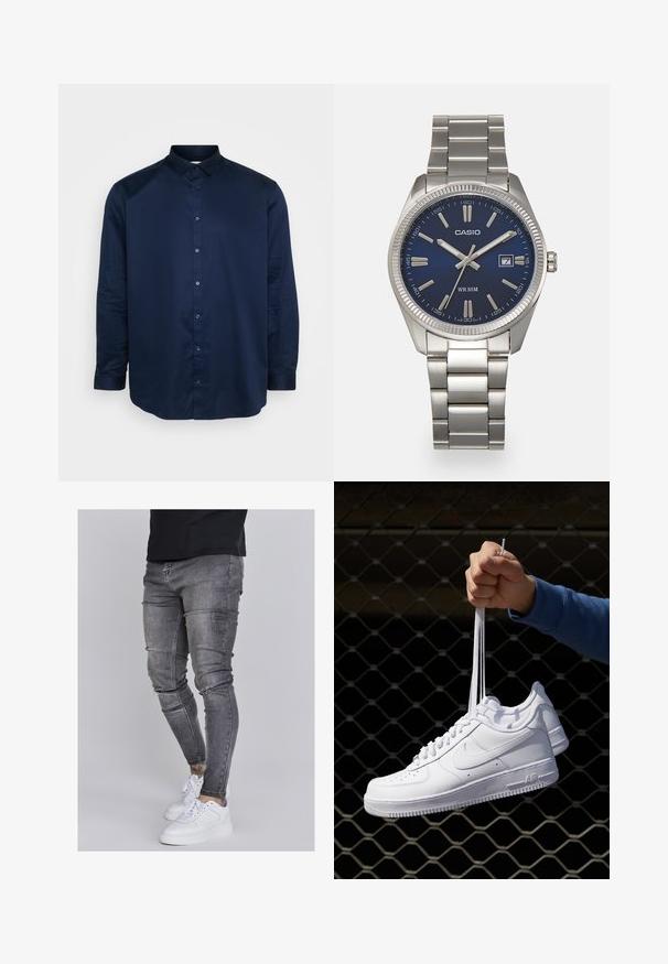Mornaricnoplava košulja s dugim rukavima od glatkog materijala, s klasičnim ovratnikom i prednjim kopčanjem na dugmad s odgovarajućim dugmadima.; Uske mršave traperice u izblijedjelom sivoj boji, s iznošenim detaljima na koljenima, uparenim s bijelim tenisicama. Glatka tekstura, dizajn prilagođen tijelu.; Bijele kožne tenisice s perforacijama, okruglim vrhom, ravnim potplatom i debelim vezicama, s vidljivim swoosh logom i natpisom "AIR" na peti.; Srebrni sat od nehrđajućeg čelika s tamnoplavim brojčanikom, metalnim oznakama sati i prozorom za datum na 3 sata. Vodootporan do 50 metara.