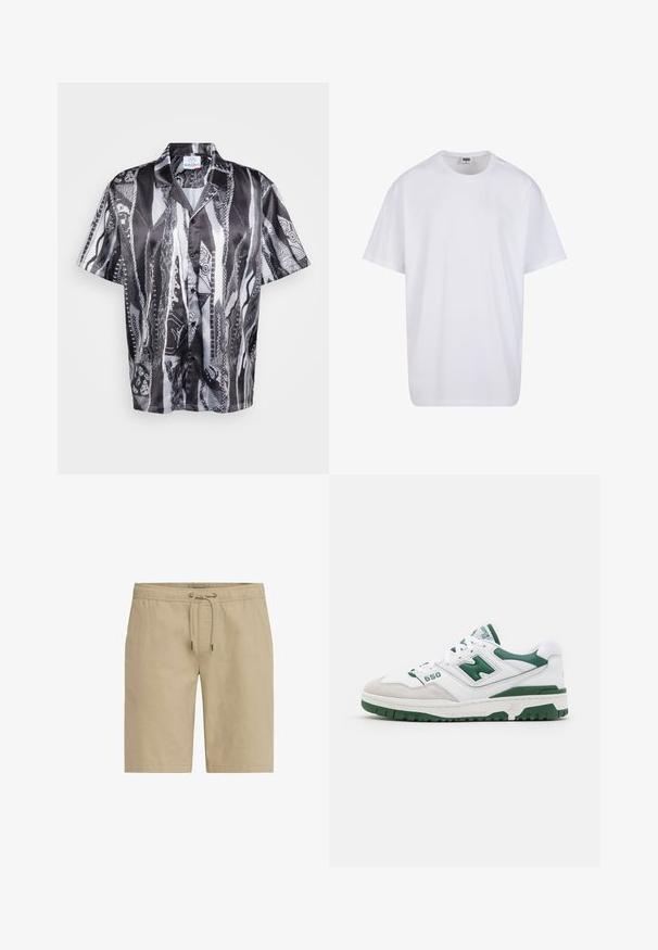 Kurzärmliges Hemd mit Knopfleiste in Schwarz und Weiß mit einem strukturierten Schlangenmuster, das einen lockeren Kragen und einen glatten Stofffinish aufweist.; Weiße Baumwoll-T-Shirt mit kurzen Ärmeln, rundem Ausschnitt, lockerer Passform und ohne sichtbare Logos oder Muster. Glatte Textur und minimalistisches Design.; Beige Shorts aus weichem Stoff, mit einem elastischen Bund und Kordelzug sowie seitlichen Taschen, im geraden Schnitt gestaltet.; Weißer Sportschuh mit grünen Akzenten, strukturiertem Leder und Wildleder, durchbrochenen Details, gepolstertem Kragen und Gummisohle. Modellnummer 550.