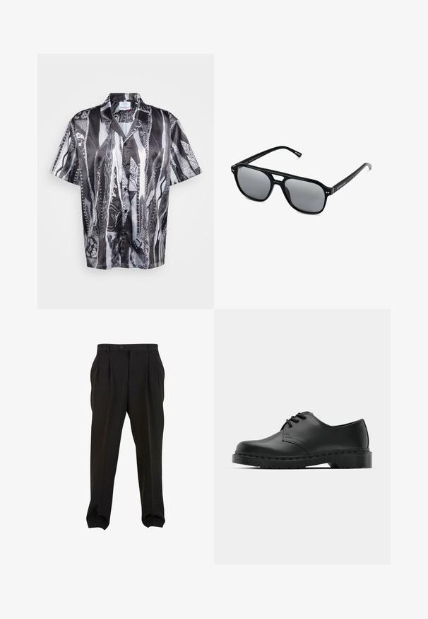 Korte ærmer knap-up skjorte i sort og hvid med et struktureret slangemønster, der har en afslappet krave og en glat stoffinish.; Sorte bukser med et glat stof, der har frontfolder, en knap i taljen og tapered ankler. Klassisk skræddersyet silhuet.; Sorte læder oxford-sko med snørebåndsdesign, rund tå, flad gummisål og subtil syning langs overdelen.; Sorte solbriller med rektangulære rammer, gråt tonede linser og en broudskæring design. Slankt, glat plastmateriale med smalle stænger.
