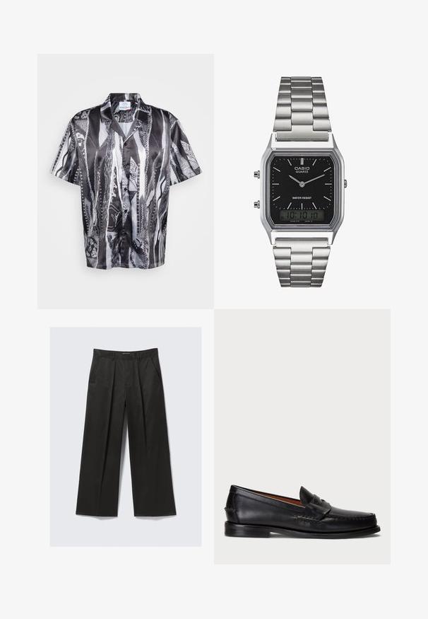 Korte mouwen overhemd met knopen in zwart en wit, met een textuurpatroon van een slang, voorzien van een ontspannen kraag en een gladde stofafwerking.; Zwarte broek met wijde pijpen en een gladde textuur, met twee voorkruiken en een iets hoge tailleband.; Zwarte leren instapper met een ronde neus, gestikte details en een decoratieve band aan de voorkant. Platte zool met een minimaal profiel.; Zilveren roestvrijstalen quartzhorloge met een zwart rechthoekig uurwerk, voorzien van analoge wijzers, digitale weergave en het label voor waterbestendigheid.