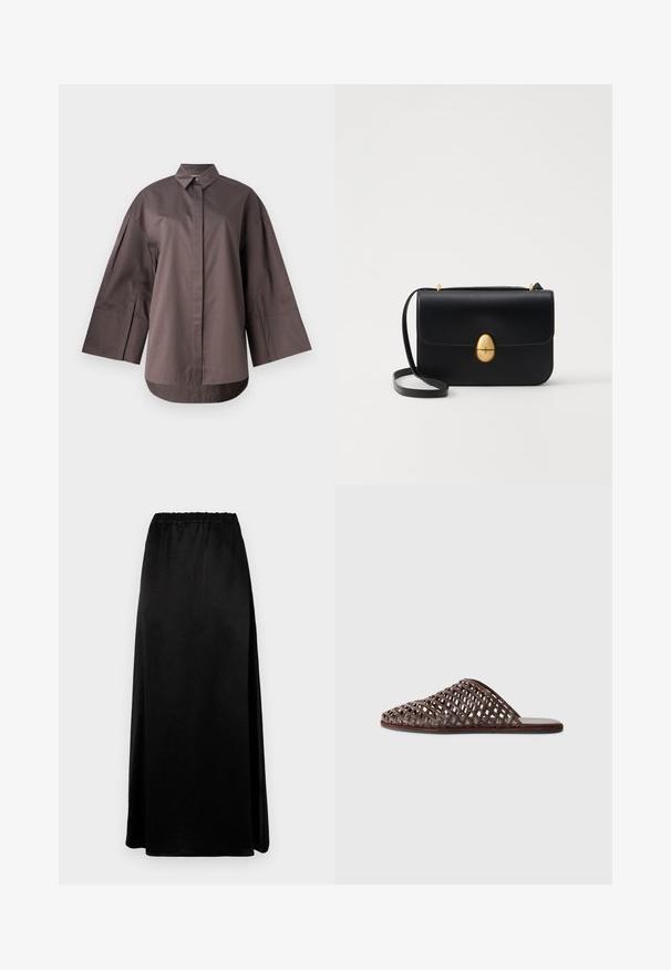 MM by MaxMara SAPORE - Nööpidega pluus - mud; Pikk must seelik, millel on sile, kortsuline tekstuur ja elastne vöökoht. Omab külgsuundi, mis võimaldab mugavalt liikuda ning lisab elegantset siluetti.; Pruun kudumine slaidisandaal ümmarguse varbaga, avatud disainiga, lame tallaga ja tekstureeritud pinnaga. Kerge materjal ja minimalistlik siluett.; Must kase nahast käekott, millel on struktureeritud ristkülikukujuline kuju. Omab kuldset ovaalset lukku ja õhukest õlavarre rihma. Sile tekstuur.