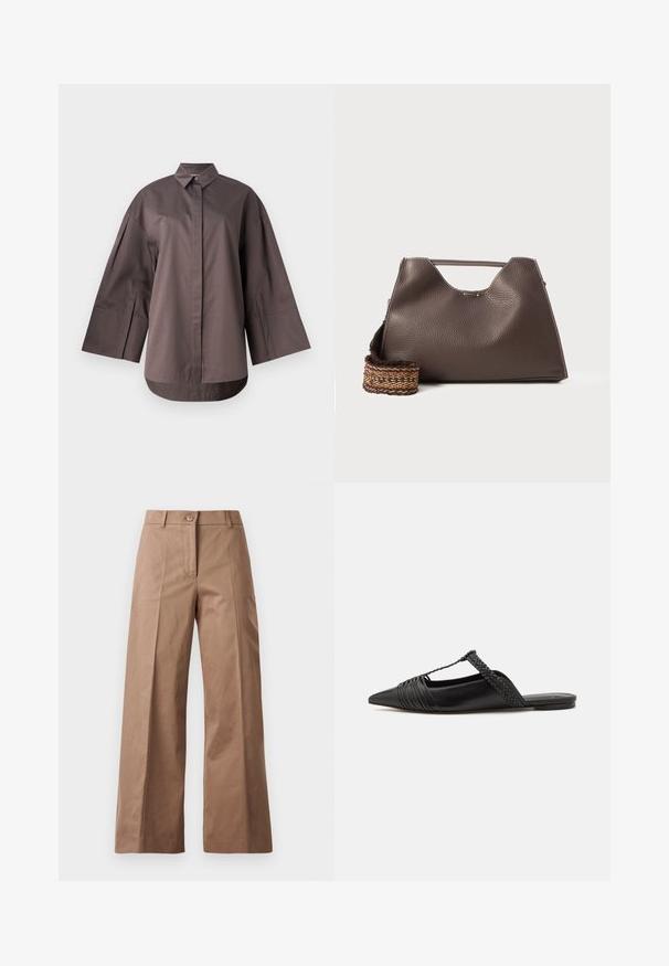 MM SAPORE - Camicia - mud; Camicia bianca a maniche lunghe e taglio corto in cotone. Presenta una chiusura con bottoni sul davanti, una tasca sul petto e un piccolo logo nero in basso a sinistra.; Pantaloni larghi marroni realizzati in un tessuto morbido, con chiusura frontale con bottone, due tasche anteriori e linee pulite e sartoriali.; Scarpa slingback in pelle nera con punta appuntita, con un dettaglio intrecciato e un design superiore plissettato. Suola piatta con hardware minimale.; Borsa a mano in pelle marrone con finitura texturizzata, design angolare e un manico superiore distintivo. Presenta un dettaglio a tracolla intrecciato con motivo.