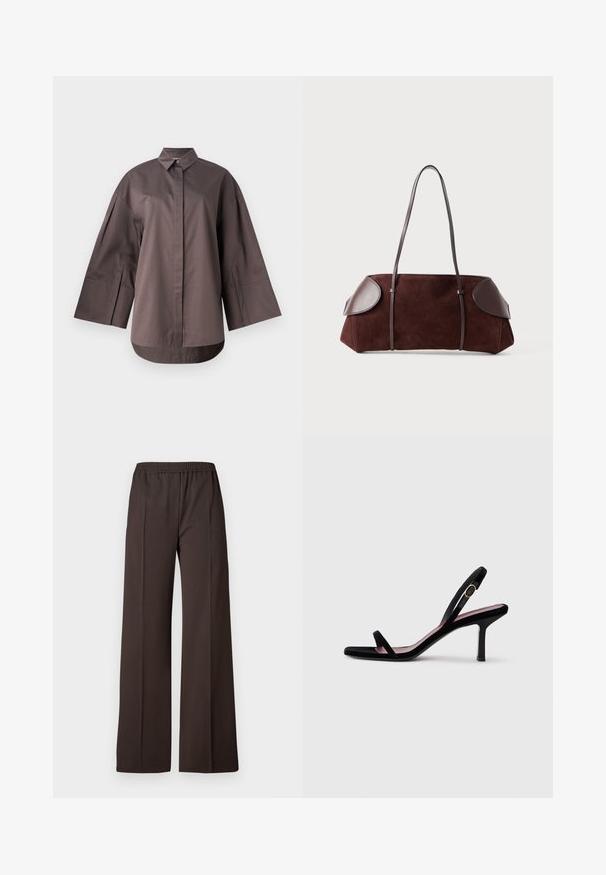 MM by MaxMara SAPORE - Nööpidega pluus - mud; Laiad sääred tumedast pruunist kangast püksid, elastse vöökohtaga, millel on sile tekstuur ja puhtad jooned, et saavutada kohandatud välimus.; Mustmust naiste kõrge kontsaga sandaalid mustast nahast kitsaste rihmadega ja kullavärvi pandlaga valgel taustal, külgvaade.; Pruun suede kott nahkakattega, struktureeritud kuju, kahe õlapaelaga ja ümarate servadega, millel on sile tekstuur ja minimaalne riistvara.