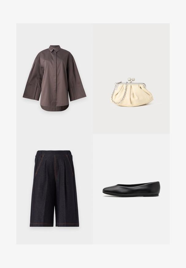 MM by MaxMara SAPORE - Overhemdblouse - mud; Donkergrijze shorts van zacht materiaal, met plooien en oranje stikselaccenten. Elastische tailleband voor comfort, knielange pasvorm.; Paul Smith TOPANGA - Ballerina's - black; Geplooide beige leren clutch met een zilveren metalen frame, voorzien van twee ronde decoratieve sluitingen en een zilveren kettingriem.