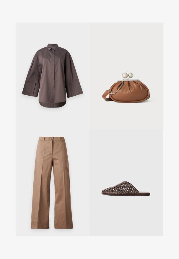 MM by MaxMara SAPORE - Skjortebluser - mud; Brune bredde bukser lavet af et glat stof, med en frontknaplukning, to frontlommer og rene, skræddersyede linjer.; Brun vævet slide sandal med rundt tådesign, åben konstruktion, flad sål og struktureret overflade. Letvægtsmateriale og minimalistisk silhuet.; Brun læder clutch-pung med sølv kugleklap og en lille sølv kædedetalje på en hvid baggrund.