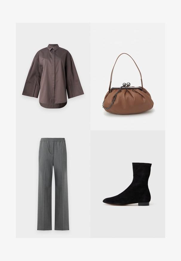 MM by MaxMara SAPORE - Pogājama blūze - mud; Pelēki platā kāju bikses ar elastīgu jostu, izgatavotas no teksturēta auduma ar maigu aušanas rakstu.; Melnas zamšādas potīšu zābaki ar piegulošu kāju daļu, smailu purngalu un zemu bloku papēdi. Gluda tekstūra un minimālistisks dizains, piemērots dažādai stilizācijai.; Brūns ādas rokassomu ar salocītu dizainu, īsu ādas rokturi un ķēdes siksnu. Tam ir sudraba metāla sprādze ar diviem apaļiem akcentiem.