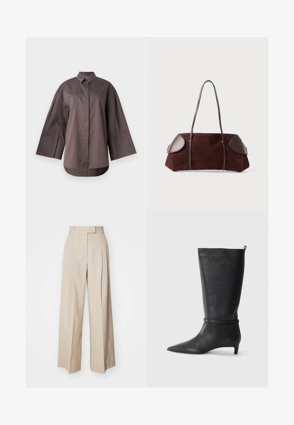 MM by MaxMara SAPORE - Blúzka so zapínaním na gombíky - mud; Bežové nohavice s širokými nohavicami vyrobené z textúrovanej tkaniny, s plochým predným dielom, záhybmi a pásom. Nohavice sú rovné a voľné.; Čierne kožené vysoké čižmy po kolená s špicatou špičkou, s okrúhlym remienkom okolo členku a nízkym, zúženým podpätkom. Hladký povrch.; Hnedá semišová taška s koženými akcentmi, štruktúrovaný tvar, dvojité ramenné popruhy a zaoblené okraje, s hladkou textúrou a minimálnym hardvérom.