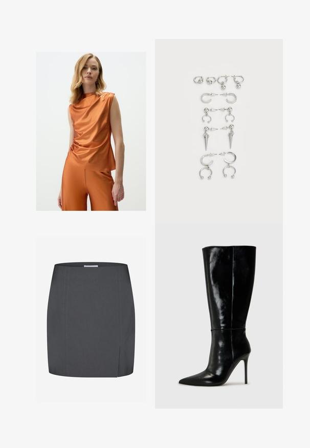 Satin-orange Top mit drapiertem Design, ärmellosem Schnitt und asymmetrischem Ausschnitt, kombiniert mit passenden hochgeschnittenen Hosen.; Envii SPLIT - Bleistiftrock - grey; Schwarze Leder-Knielange Stiefel mit spitzem Schuh und hohem Stiletto-Absatz. Glatte Textur und elegantes Design, das sich durch minimale Details auszeichnet.; Set von silbernen Ohrringen mit verschiedenen Designs: Creolen, Stecker und hängende Stile, mit Kugelakzenten und spitzen Elementen.