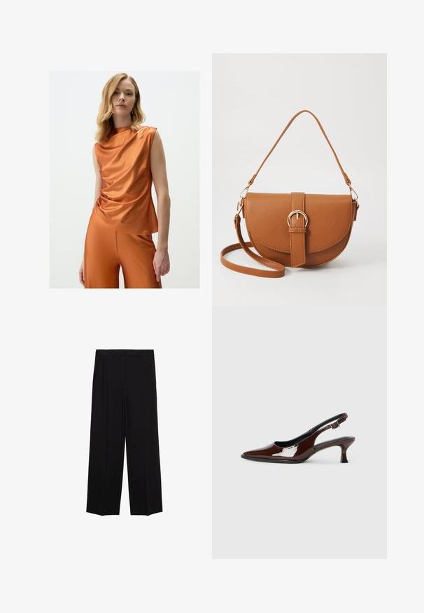 Top arancione in satin con design drappeggiato, senza maniche e colletto asimmetrico, abbinato a pantaloni a vita alta coordinati.; Pantaloni neri a gamba larga in tessuto morbido, con pieghe nella parte frontale e tasche laterali, progettati con una linea dritta e comoda.; Scarpa slingback in pelle verniciata marrone con punta affusolata e tacco moderato. Presenta una fascia con fibbia per una calzata sicura. Tessuto liscio.; Borsa a tracolla in pelle marrone con forma curvata, hardware dorato e un dettaglio con fibbia. Presenta una tracolla rimovibile.