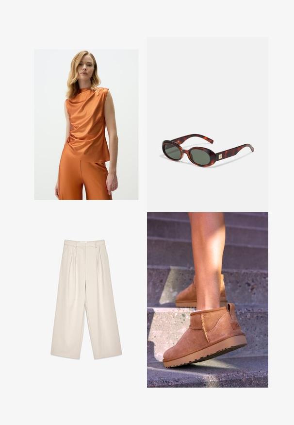 Haut en satin orange avec un design drapé, sans manches et un décolleté asymétrique, associé à un pantalon taille haute assorti.; Pantalons beige à larges jambes avec pinces, présentant une texture lisse et des passants de ceinture. Coupe ajustée, offrant un fit ample autour des jambes.; Bottines en suede beige avec une texture douce, des détails cousus et une semelle en caoutchouc, dotées d'un talon en boucle pour un enfilage facile.; Lunettes de soleil en écaille de tortue avec verres foncés, en forme ovale et avec des branches larges. Présente un petit accent doré sur le côté. Matériau en plastique lisse.; Sac à main blanc avec une silhouette courbée, en cuir texturé, matériel doré et une bandoulière amovible avec un logo et un détail de boucle.