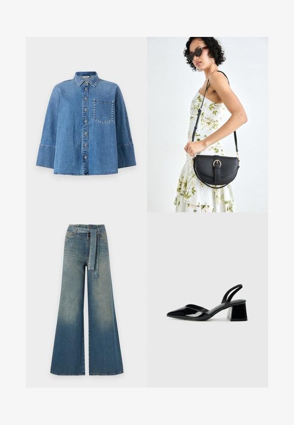 Világoskék farmering, hegyes gallérral, gombos elülső résszel és rövid ujjakra. Díszítő szegecsek találhatók a galléron és a zseben.; Bőszárú farmernadrág, világos és sötétkék árnyalatokkal, magas derekú, övgyűrűkkel és a nadrággal megegyező anyagú övvel. Textúrált farmer kivitel.; Fekete lakk bőr szandálkés magas sarkú cipő, hegyes orral és geometrikus tömbsarkakkal. Karcsú, minimalista dizájn és sima textúra jellemzi.; Fekete bőrtáska ívelt formával, levehető pánttal és arany színű fémrészekkel. A táskán egy csattal díszített fedél található.