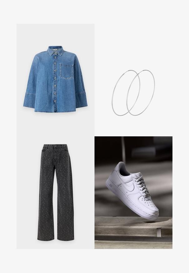 Džínová košeľa v svetlomodrej farbe s špicatým golierom, predným zapínaním na gombíky a krátkymi rukávmi. Obsahuje dekoratívne cvočky pozdĺž goliera a vrecka.; Noisy May NMJANNEL LOOSE - Džínsy voľného strihu - black denim; Biele tenisky Nike Air Force 1 vznášajúce sa nad betónovým povrchom so tieňmi v minimalistickom prostredí.; Strieborné kruhové náušnice s minimalistickým dizajnom. Cirkulárny tvar, hladký povrch a tenký profil. Ľahké s lesklým povrchom.
