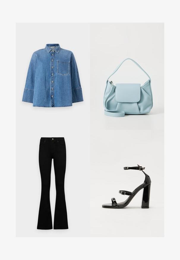 Τζιν πουκάμισο σε ανοιχτό μπλε με πιεσμένο γιακά, κουμπωτό μπροστινό μέρος και κοντά μανίκια. Διαθέτει διακοσμητικές τρουκς κατά μήκος του γιακά και της τσέπης.; Μαύρα ψηλόμεσσα τζιν παντελόνια με κούμπωμα και φερμουάρ, εμπρός τσέπες και καμπάνα, τοποθετημένα επίπεδα σε λευκό φόντο.; Μαύρες πατέντες σανδάλια με τακούνι, τετράγωνη μύτη, ιμάντες αστραγάλου και ασημένιες πόρπες. Διαθέτουν χοντρό μπλοκ τακούνι για σταθερότητα.; Απαλή μπλε δερμάτινη τσάντα χεριού με λαβή από πάνω, μπροστά τσέπη με καπάκι και αποσπώμενη θηλιά καρπού, σε λευκό φόντο.