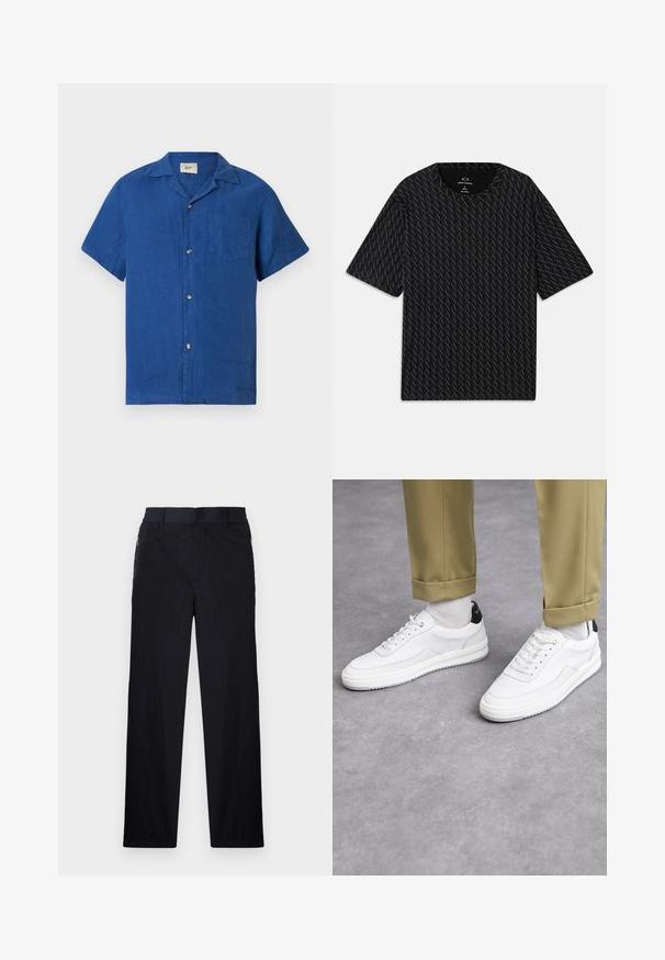 Krátký rukáv modré košile na knoflíky s límcem ve stylu camp a kapsou na prsa, vystavené na bílém pozadí.; Černé tričko s texturovaným vzorem střídajících se logo 'A', krátké rukávy a kulatý výstřih. Vyrobeno z lehkého materiálu.; Černé kalhoty s lehkým, strukturovaným materiálem, rovnými nohavicemi, elastickým pasem a postranními zipovými kapsami.; Bílé tenisky s texturovaným koženým povrchem, zaoblenou špičkou a černým akcentem na patě. Gumová podrážka s malým vzorem a šitými detaily.