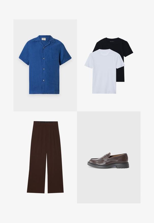 Niebieska koszula z krótkim rękawem, zapinana na guziki, z kołnierzykiem camp i kieszenią na piersi, wyeksponowana na płaskim białym tle.; Dwa koszulki z krótkim rękawem, jedna czarna i jedna biała, wykonane z miękkiego materiału bawełnianego o prążkowanej fakturze. Klasyczny krój.; Brązowe spodnie szerokie z plisami. Wykonane z gładkiego materiału, z dopasowanym pasem i kieszeniami bocznymi. Prosty zakład na dole.; Brązowe skórzane loafersy o gładkim wykończeniu, okrągłym nosku, minimalnym przeszyciu i grubym czarnym gumowym spodzie. Brak widocznych elementów metalowych czy akcentów.