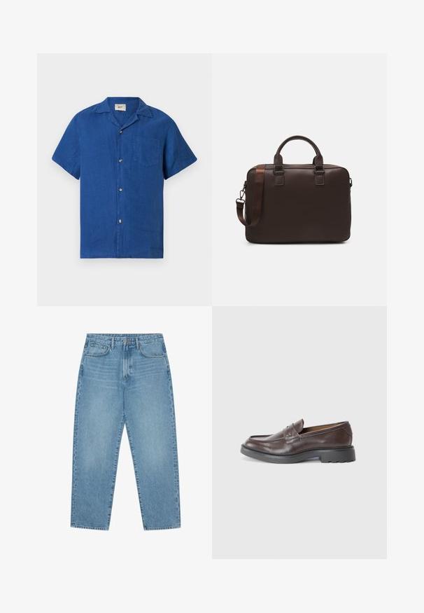 Kurzarm-Hemd in Blau mit Knopfleiste, Camp-Kragen und Brusttasche, flach auf einem weißen Hintergrund präsentiert.; Hellblaue Jeans aus Denim mit geradem Bein, Fünf-Taschen-Design und leicht verwaschener Textur. Mit Knopf- und Reißverschluss ausgestattet.; Braune Lederloafers mit glatter Oberfläche, runder Zehenpartie, minimaler Naht und dicker schwarzer Gummisohle. Kein sichtbares Zubehör oder Akzente.; Braune Leder-Laptoptasche mit strukturierter Oberfläche, doppelten Obergriffen, verstellbarem Gurt und zwei vorderen Schnallen für zusätzlichen Detailreichtum.