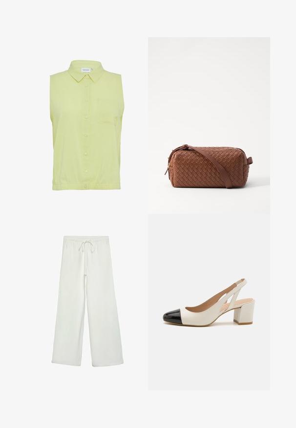 Light yellow sleeveless shirt with a button-up front, collar, and a single chest pocket. Soft fabric with a slightly gathered hem.; White wide-leg pants made of soft fabric. Features an elastic waistband with a drawstring and a smooth texture. No visible patterns or hardware.; White leather slingback shoe with a black patent leather pointed toe. Features a block heel and cut-out design on the sides.; Brown woven leather bag with a rectangular shape, smooth texture, zip closure, and a shoulder strap. Features side handle and gold accents.; Gold rectangular wristwatch with a minimalist design, featuring a cream dial, gold hands, and a metal link bracelet. Markings include brand name.