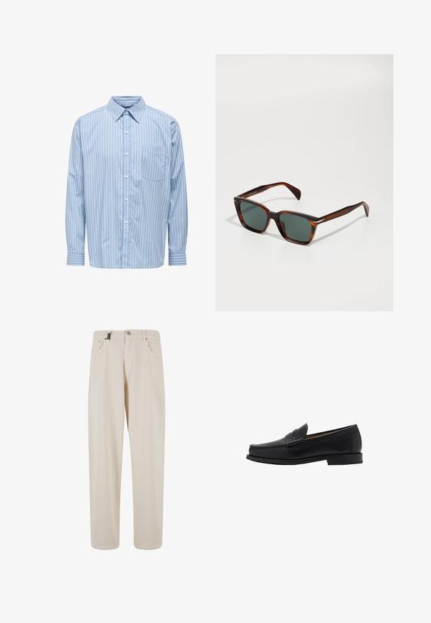 Chemise à manches longues bleu clair avec des rayures verticales blanches, col boutonné, poche poitrine unique et détails aux poignets. Texture de tissu lisse.; Pantalons en coton beige au design droit, avec poches avant et fermeture à bouton. Texture lisse avec un minimum de détails.; Mango Mocassins de ville - black; Lunettes de soleil en écaille de tortue avec des verres carrés, teinte vert foncé et branches texturées. Présente des rayures verticales subtiles sur les branches.