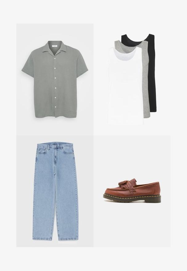 Kurzärmliges, kragenloses Hemd in Hellgrau, aus strukturiertem Stoff mit leicht zerknittertem Aussehen. Verfügt über weiße Knöpfe entlang der Vorderseite.; Drei Tanktops in Weiß, Grau und Schwarz. Jedes hat ein klassisches ärmelloses Design und besteht aus leichtem Baumwollstoff mit einer Rippstruktur.; Hellblaue Jeans aus Denim mit geradem Bein, ausgestattet mit einer mittelhohen Taille, fünf Taschen sowie einem Knopf- und Reißverschluss.; Braune Leder-Mokassins mit Quastenakzenten, strukturierten Oberflächen und kontrastierenden gelben Nähten entlang der schwarzen Gummisohle. Seitenansicht.