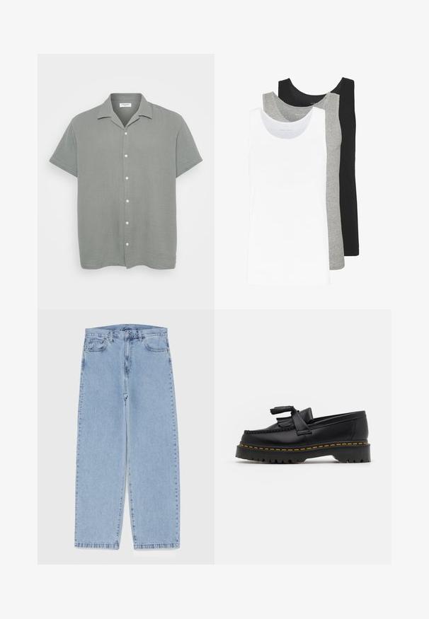 Korte mouwen, geknoopt shirt in lichtgrijs, gemaakt van gestructureerde stof met een licht gekreukte uitstraling. Voorzien van witte knopen aan de voorkant.; Drie tanktops in wit, grijs en zwart. Elke tanktop heeft een klassiek mouwloos ontwerp, gemaakt van lichtgewicht katoen met een ribbelstructuur.; Lichtblauwe denim jeans met een recht model, voorzien van een middelhoge taille, vijf zakken en een knoop- en ritssluiting.; Zwarte leren loafers met een franjesaccent, voorzien van een dikke zwarte zool en gele stiksels langs de rand. Gevoelige afwerking.