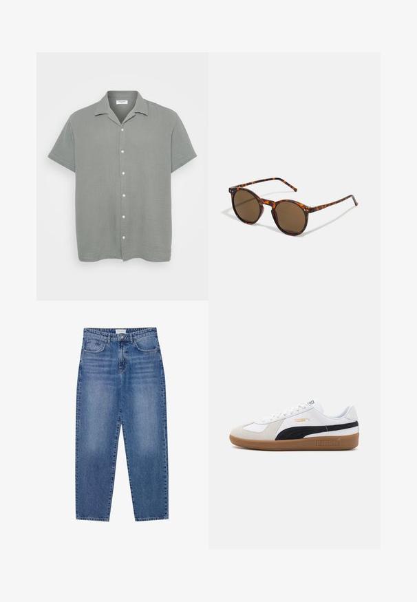 Košeľa s krátkym rukávom a golierom v svetlosivej farbe, vyrobená z textúrovaného materiálu s jemne pokrčeným vzhľadom. Obsahuje biele gombíky pozdĺž prednej časti.; Modré denimové džínsy s vysokým pásom, rovný strih a vyblednutý vzhľad. Obsahujú päť vreciek a zapínanie na gombík.; Biele tenisky s čiernym semišovým bočným pruhom, béžovou gumovou podrážkou a štruktúrovanými plochami. Obsahuje biele šnúrky a detaily s logom Puma.; Kulaté slnečné okuliare s rámom z korytnačiny a hnedými sklami. Majú tenké nožičky s jemnou textúrou a kovovými akcentmi blízko skiel.