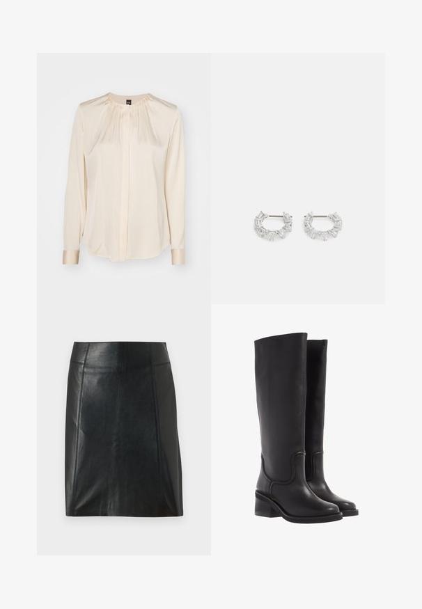 BOSS BANORAH - Nööpidega pluus - open yellow; Mustast nahast seelik, millel on kohandatud disain. Sile tekstuur, õmblused, mis rõhutavad vormi, ja sirge äär. Minimalistlik ja stiilne välimus.; Mustad mustad põlvini saapad siledast mustast nahast, ümarate varvaste ja turske kontsaga. Sisaldab peent õmblust ja voolujoonelist disaini.; Hõbedased rõngaskõrvarõngad, millel on kätkestatud ja kolmnurksed selged kristallid, paigutatud ringikujulisse mustrisse, kus keskpunktis on kinnitust post.