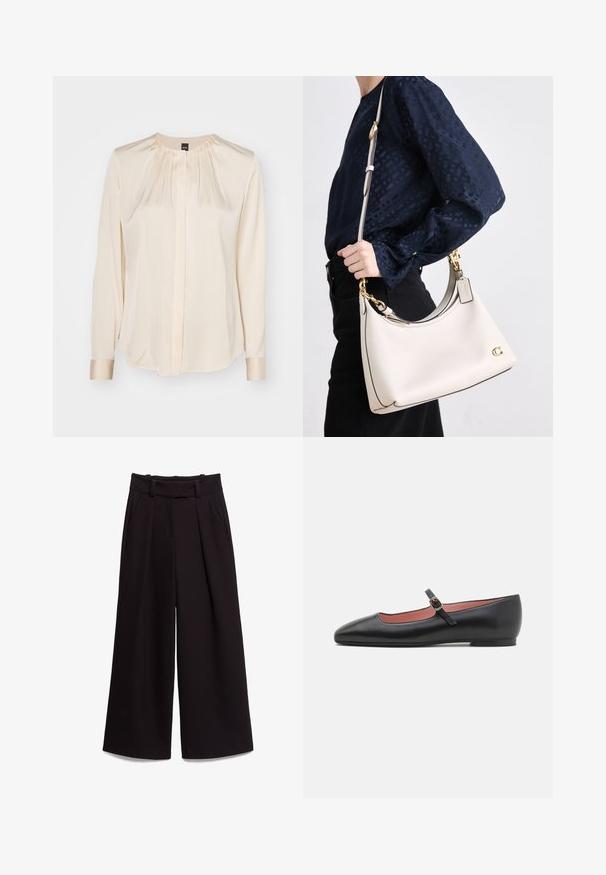 BOSS BANORAH - Hemdbluse - open yellow; Schwarze weit geschnittene Hose aus glattem Stoff, mit hoher Taille, Gürtelschlaufen und zwei Vorderaschen. Die Faltenstruktur sorgt für Textur.; Schwarze Lederflats mit spitzem Zehenbereich und Knöchelriemen mit goldener Schnalle. Glatte Textur mit leicht glänzender Oberfläche.; Eine beige Lederhandtasche mit dunkler Besatz, einer geschwungenen Silhouette, goldenen Beschlägen und einem abnehmbaren Gurt, die an der Seite gegen ein dunkles Outfit gehalten wird.; Silberne Creolen mit einer glatten Oberfläche und einer Reihe kleiner klarer Steine entlang der unteren Kante, mit einer Steckverschluss.