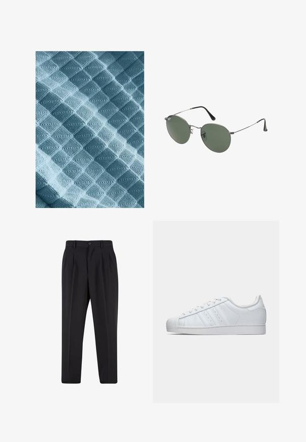 Tessuto lavorato a maglia di colore azzurro chiaro, caratterizzato da un motivo testurizzato di quadrati e rombi in rilievo, che mostra una qualità morbida, calda e tattile.; Maglietta bianca in cotone con maniche corte, scollatura rotonda, vestibilità comoda e senza loghi o motivi visibili. Texture liscia e design minimale.; Pantaloni neri con design a pieghe sul davanti, realizzati in tessuto morbido. Presentano una chiusura con bottone e passanti per cintura; vestibilità a gamba dritta.; Sneaker bianco in pelle con punta in gomma testurizzata, tre strisce laterali e colletto imbottito. Lacci bianchi piatti e design minimal.; Occhiali da sole con montatura in metallo e lenti verdi ovali. Montatura sottile in metallo argento e terminali neri. Design minimalista, senza loghi visibili.