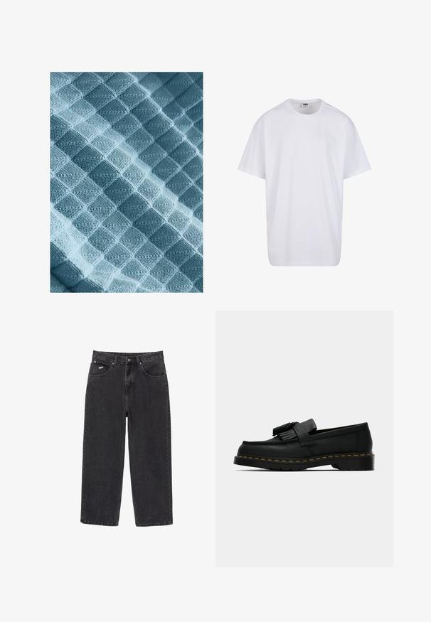 Gebreide stof in lichtblauw, met een gestructureerd patroon van verheven vierkanten en diamanten, dat een zachte, warme en tastbare kwaliteit toont.; Witte katoenen t-shirt met korte mouwen, ronde hals, relaxte pasvorm en zonder zichtbare logo's of patronen. Gladde textuur en minimalistisch ontwerp.; Zwarte rechte spijkerbroek met vijf zakken en knoopsluiting, met een klein wit logo op de zijkant van de voorkant zak.; Zwarte leren instapper met kwastjes, gele stiksels langs de zool en een dikke, gegroefde rubberen buitenzool.