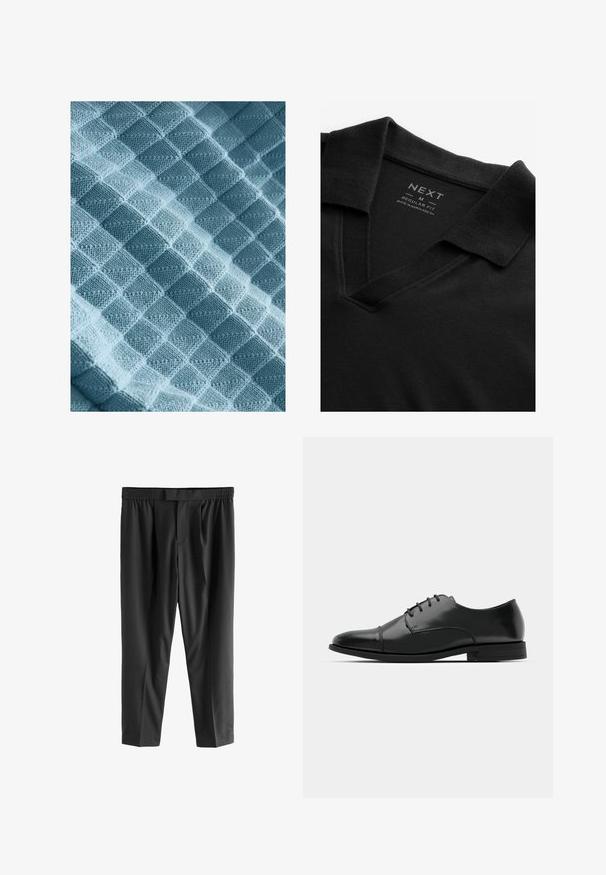 Țesătură tricotată într-o nuanță de albastru deschis, având un model texturat cu pătrate și diamante ridicate, evidențiind o calitate moale, caldă și tactilă.; Polo negru cu guler în V și un material texturat. Include un guler pliat și o etichetă care afișează informații despre marcă și mărime. Croială normală.; Next REGULAR FIT -CHECK SMART - Pantaloni chino - black; Pantofii negri din piele, cu vârful rotunjit, design cu șireturi, detalii de cusătură subtile și toc joasă. Textura netedă cu un finisaj lustruit.