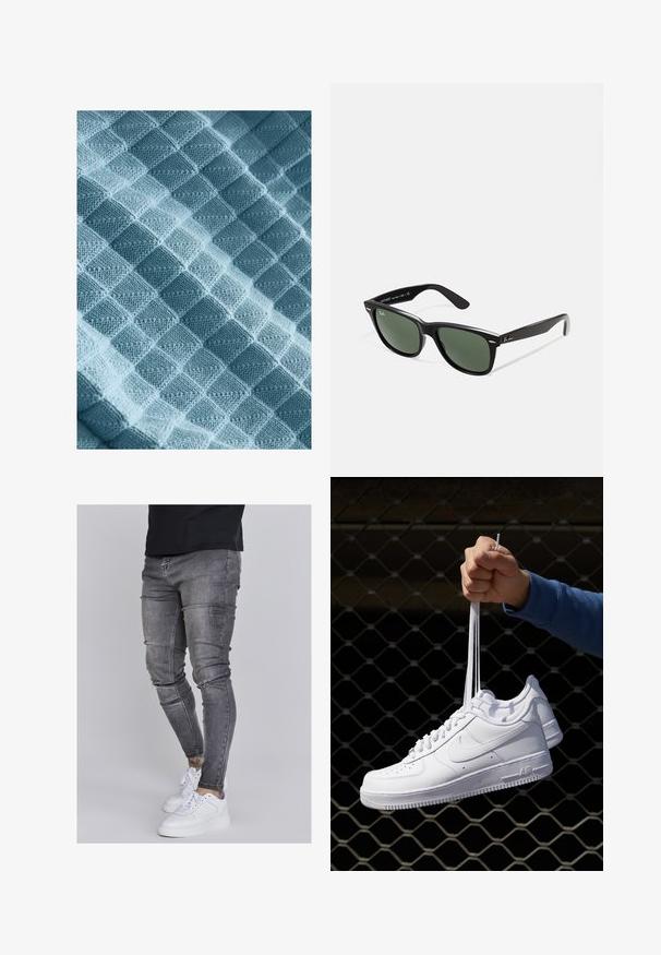 Neulekangas vaaleansinisessä sävyssä, jossa on kohotusta varsinaisten neliöiden ja timanttien tekstuurikuvio. Kangas on pehmeä, lämmin ja tunnelmallinen.; Kapeat farkut haalistuneessa harmaassa denimmateriaalissa, joissa on kuluneet yksityiskohdat polvissa, yhdistettyinä valkoisiin lenkkareihin. Suora pinta, kapea leikkaus.; Valkoiset nahkasneakersit, joissa on rei'ityksiä, pyöreä kärki, tasapohja ja paksut nauhat, joissa on näkyvä swoosh-logo ja "AIR" kantapäässä.; Mustat muoviset aurinkolasit, joissa on vihreät linssit, neliönmuotoiset kehykset, hopeinen yksityiskohta kulmakarvojen kohdalla sekä tekstuuriset temppeleiden varret. Brändi ilmoitettu sisävarsissa.; Harmaa ruostumaton teräs rannekello, jossa on tummansininen kellotaulu, metalliset tuntimerkit ja päivämääränäyttö kello 3:ssa. Vesitiivis 50 metriin asti.