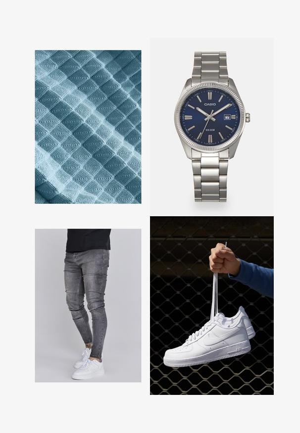 Strikket stof i lys blå, med et tekstureret mønster af hævede firkanter og diamanter, der viser en blød, varm og taktil kvalitet.; Slank jeans i falmet grå denim med slidte detaljer ved knæene, parret med hvide sneakers. Glat tekstur, slim fit design.; Hvide lædersneakers med perforeringer, rund tå, flad sål og tykke snørebånd, med et synligt swoosh-logo og "AIR" på hælen.; Sølv rustfrit stål urrem med en marineblå urskive, metallic timemarkører og et datovindue kl. 3. Vandafvisende op til 50 meter.