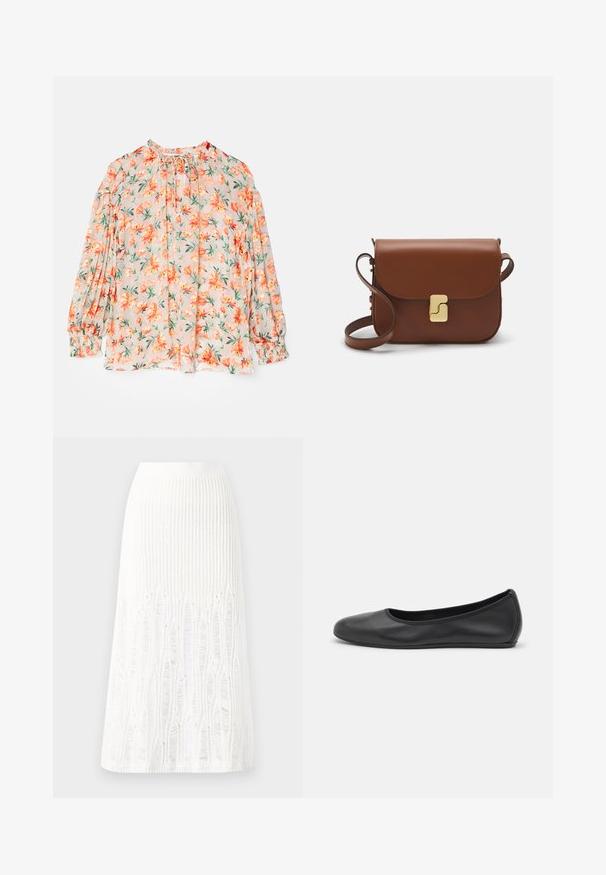 Ziedu blūze ar gaiši persiku fona, ar oranžiem ziediem un zaļām lapām. Garas puff piedurknes, savāktas aproces un kakla saišu.; Adīts balts midi svārki ar teksturētu rakstu, kas ietver vertikālas līnijas un izgriezumus pie apakšmalas. Elastīgs vidukļa jostasvads. Mīksts materiāls.; Melna ādas baleta kurpe ar noapaļotu purngalu, gludu tekstūru, minimālu šuvju detalizāciju un elastīgu zoles dizainu.; Bordo ādas rokas soma ar atloku, zeltītām detaļām, plecu siksnu un gludu virsmu. Kompakta, taisnstūrveida forma.