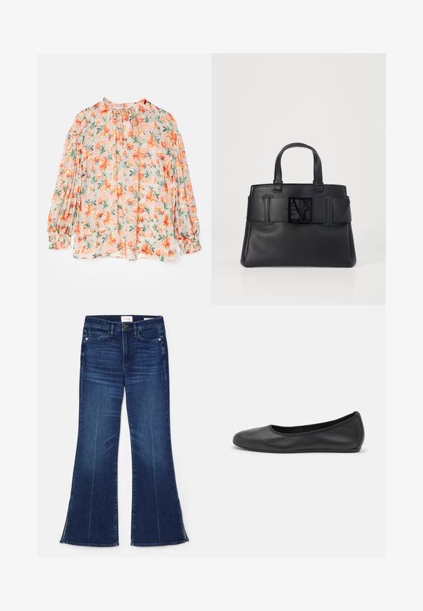 Blumenbluse mit einem hellen Pfirsich-Hintergrund, der orangefarbene Blumen und grüne Blätter zeigt. Lange Puffärmel, geraffte Manschetten und ein gebundenes Dekolleté.; Dunkelblaue, ausgestellte Jeans aus Denim. Mit hoher Taille, vorderen Taschen und Schlitzen am Saum. Klassisches Fünf-Taschen-Design.; Schwarze Leder-Ballettschuhe mit abgerundeter Spitze, glatter Textur, minimalen Nähdetails und einem flexiblen Sohlen-Design.; Schwarze Leder-Tote mit strukturierter Oberfläche, breitem Tragegurt mit einer Schnallen-Detail und quadratischem Logo auf der Vorderseite. Zwei obere Griffe.