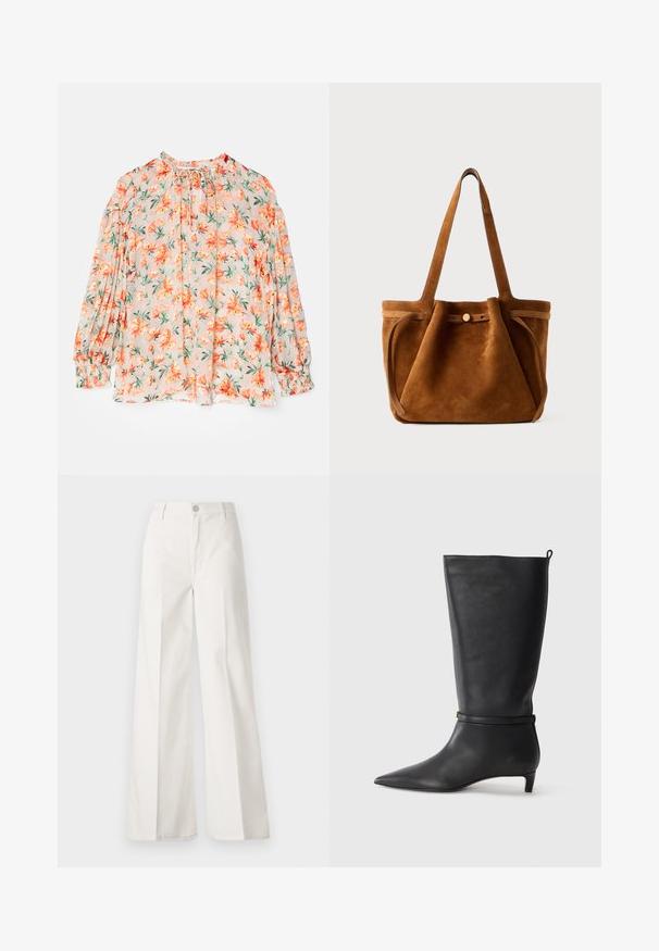 Floral blouse with a light peach background, featuring orange flowers and green leaves. Long puff sleeves, gathered cuffs, and a tie neckline.; White wide-leg trousers made from cotton with a smooth texture. Features a front button, zipper fly, and four-pocket design.; Black leather knee-high boot with a pointed toe, accented by a circular strap around the ankle and a low, tapered heel. Smooth texture.; Brown suede tote bag with dual handles, a button closure strap, and a relaxed, slightly slouchy shape.