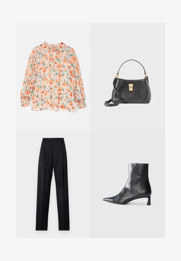Virágos blúz világos barack háttérrel, narancssárga virágokkal és zöld levelekkel. Hosszú puff ujjakkal, ráncolt mandzsettával és megkötős nyakkal.; Fekete nadrág sima anyagból, magas derékkal, széles lábakkal, elülső redőkkel és klasszikus övhurkokkal. Oldalzsebek nem láthatók.; Fekete bőr bokacsizma hegyes orral és letisztult dizájnnal. Alacsony sarka és hátsó cipzáras záródása van. Simának tűnő textúra.; Fekete bőr kézitáska texturált felülettel, arany záródással, rövid fogantyúval és levehető vállpánttal.