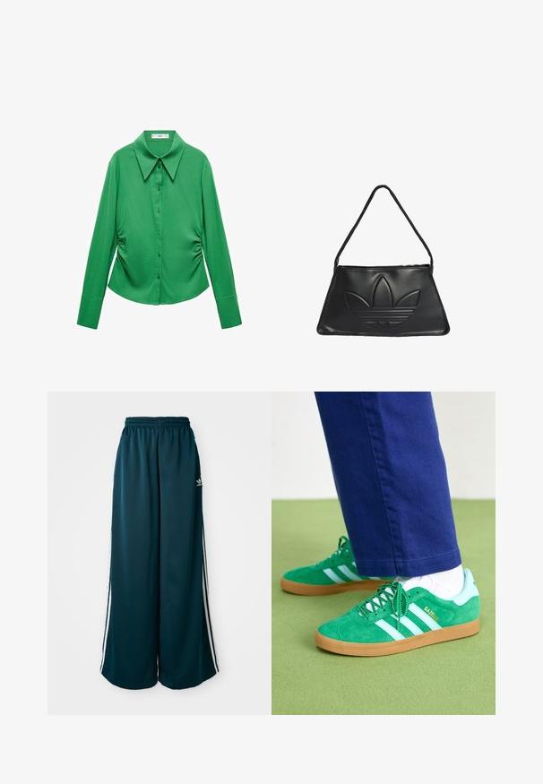 Camicia verde a maniche lunghe con un ampio colletto, bottoni frontali e dettagli arricciati sui lati. Realizzata in tessuto liscio e leggero.; Pantaloni della tuta ampi blu petrolio con vita elastica, caratterizzati da tre strisce bianche lungo i lati e un logo Adidas sul lato sinistro.; Sneaker in suede verde con strisce e dettagli bianchi, suola in gomma gommata, con lacci verdi e logo laterale.; Borsa a tracolla in pelle nera con forma trapezoidale, caratterizzata da un design del logo Adidas in rilievo e una sottile tracolla. Chiusura a zip sulla parte superiore.