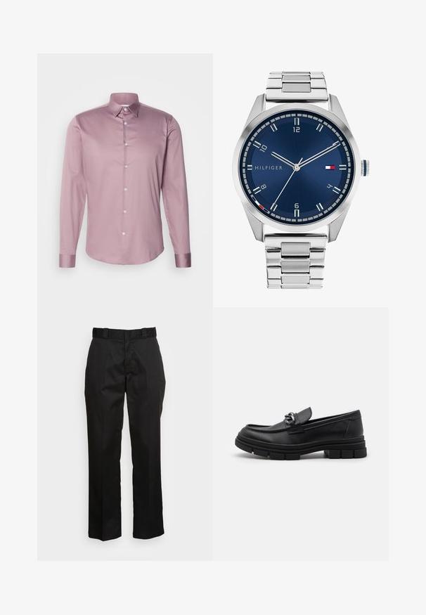 Lindbergh PLAIN - Overhemd - lavender; Zwarte broek van een gladde stof, met een rechte pijp ontwerp, riemlussen en twee zijzakken. Klassieke uitstraling zonder versieringen.; Zwarte leren instapper met een ronde neus, een decoratieve band en hardware, en een chunky, gestructureerde zool. Glad afwerking met subtiele details.; Zilveren metalen horloge met een geborstelde blauwe wijzerplaat, witte uurmarkeringen en een datumweergave. Voorzien van een geschakelde metalen band en het logo van het merk.; Zilveren ketting met dikke schakel en een centraal ronde hanger met ingewikkelde details. Gladde, reflecterende metalen oppervlakte.