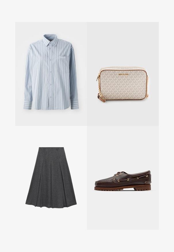Camicia azzurro chiaro a maniche lunghe con bottoni, caratterizzata da strisce verticali bianche e scure, e una tasca sul petto anteriore con ricamo bianco a scrittura.; Gonna a pieghe grigia con forma svasata, realizzata in tessuto morbido. Presenta pieghe verticali e una vita liscia per un look aderente.; Scarpa da barca in pelle marrone con occhielli dorati, lacci tondi e una suola in gomma marrone texturizzata. Presenta dettagli cuciti e un logo in rilievo.; Borsa a tracolla beige in tela con un motivo a logo MK ripetuto, hardware dorato e tracolla a catena. Presenta una chiusura con zip e accenti in pelle.