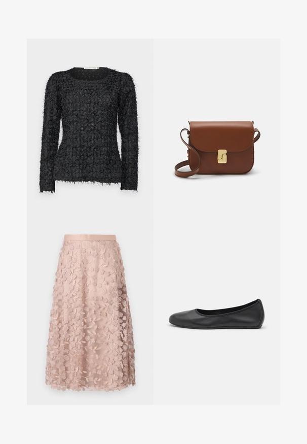 Pull long noir en texture, avec un design superposé unique, des accents en fil effiloché et un col rond.; Jupe midi en dentelle rose doux avec broderies florales, dotée d'une taille ajustée et d'un design superposé, soulignant une texture délicate.; Ballerines en cuir noir avec un bout rond, texture lisse, détails de couture minimalistes et design de semelle flexible.; Sac à main en cuir marron avec une fermeture à rabat, des accents en métal doré, une bandoulière et une texture lisse. Forme rectangulaire compacte.