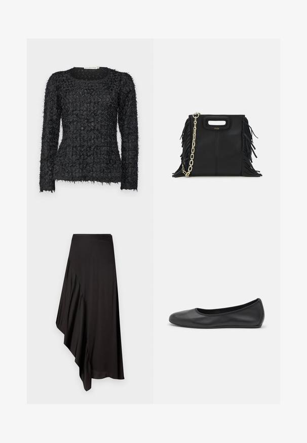 Maglione lungo nero con texture, caratterizzato da un design a strati unico con accenti di filato sfilacciato e scollatura tonda.; AERON ASTER SKIRT - Gonna a tubino - black; Pantofole da balletto nere in pelle con punta arrotondata, texture liscia, dettagli di cucitura minimi e design con suola flessibile.; Borsa a tracolla in pelle nera con dettagli a frangia, catena dorata e manico ritagliato. Presenta il logo sulla parte anteriore.