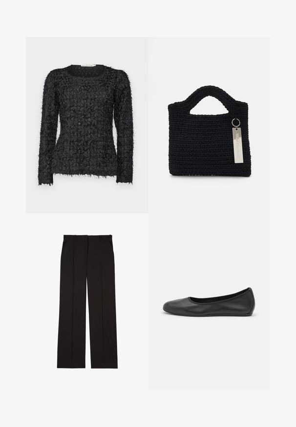 Czarny, teksturowany sweter z długim rękawem, charakteryzujący się unikalnym, warstwowym wzornictwem z postrzępionymi akcentami przędzy oraz okrągłym dekoltem.; Czarne dopasowane spodnie wykonane z gładkiej tkaniny, charakteryzujące się prostymi nogawkami i dwoma bocznymi kieszeniami. Elegancka i minimalistyczna konstrukcja.; Czarne skórzane baletki z zaokrąglonym noskiem, gładką fakturą, minimalnymi przeszyciami i elastycznym designem podeszwy.; Won Hundred MARSIELLE UNISEX czarny
