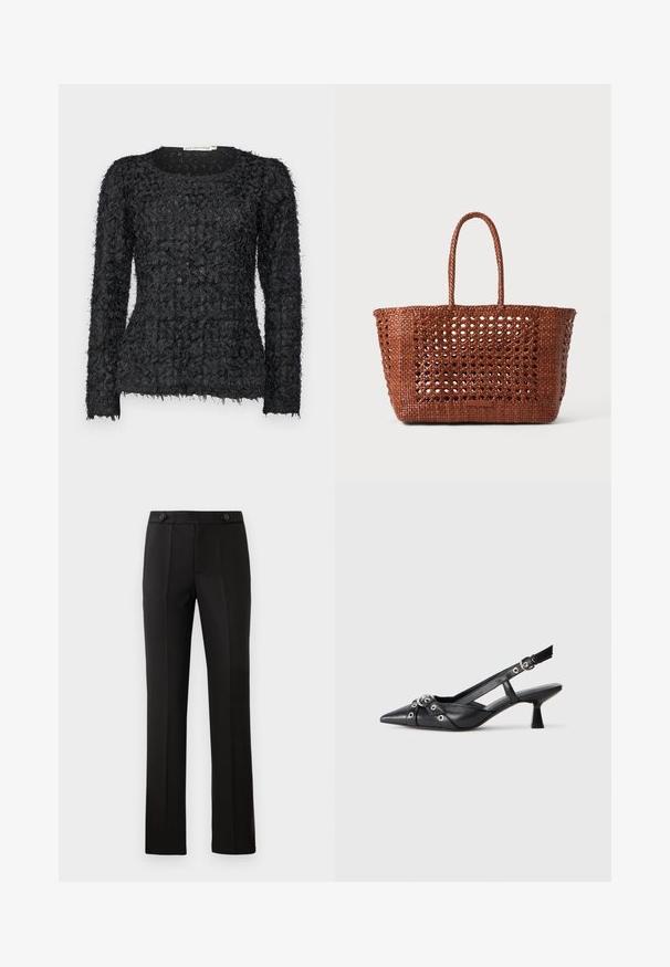 Pull long noir en texture, avec un design superposé unique, des accents en fil effiloché et un col rond.; Pantalons tailleur noirs à jambe droite, deux poches avant, fermeture à bouton et détails de plis sur le devant. Texture de tissu lisse.; Chaussure slingback en cuir noir avec un bout pointu, des sangles décoratives avec œillets en métal et un petit talon carré. Surface texturée.; Sac fourre-tout en toile marron tissé avec un motif ouvert, de forme rectangulaire, et deux poignées tressées. Doté d'un fond solide pour un bon soutien.