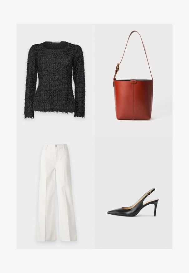 Zwarte gebreide lange mouw trui met een unieke gelaagde ontwerp, voorzien van rafelige garenaccenten en een ronde halslijn.; Witte wijde-broek gemaakt van katoen met een gladde textuur. Voorzien van een knoop aan de voorkant, ritsopening en vierzakkenontwerp.; Zwarte leren slingback-hakken met een spitse neus, verstelbare band en een elegante stiletto-hak, met een gladde afwerking.; Bruine lederen emmerzak met verstelbare schouderband en gouden gesp, eenvoudige verticale naaddetails aan de voorkant.