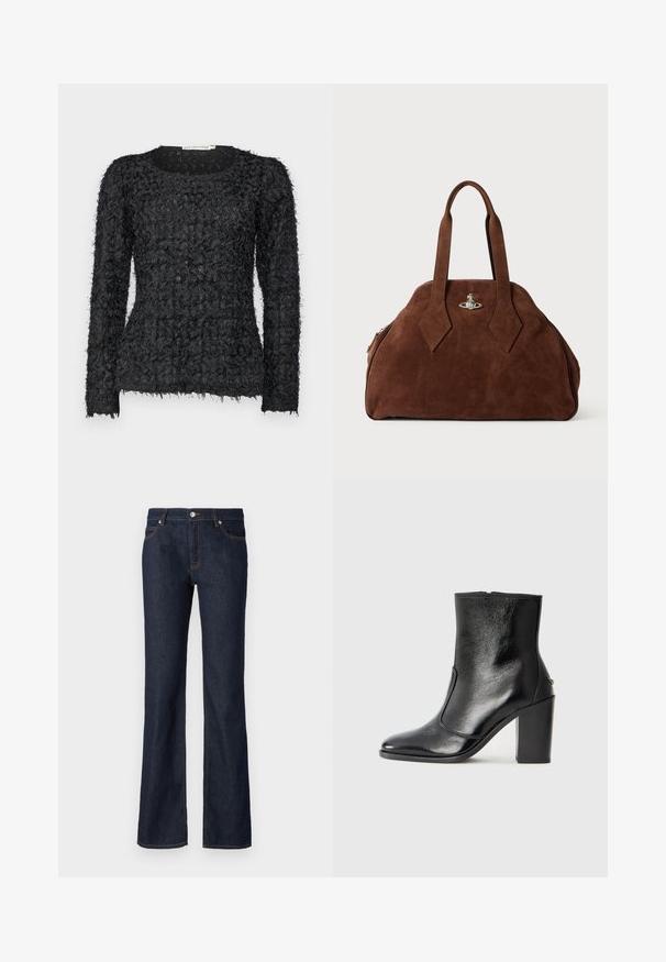 Suéter negro de textura con manga larga que presenta un diseño en capas único, con acentos de hilo deshilachado y un escote redondo.; Jeans de mezclilla de color azul oscuro con forma acampanada, diseño de cinco bolsillos y costuras en naranja contrastante a lo largo de las costuras y bolsillos.; Botín negro de cuero con textura suave, puntera puntiaguda y un tacón alto y robusto. Presenta una apertura lateral y un diseño minimalista.; Bolso de ante marrón con una forma estructurada, cuerpo redondeado y asas alargadas en forma de diamante. Presenta un cierre de hardware plateado.