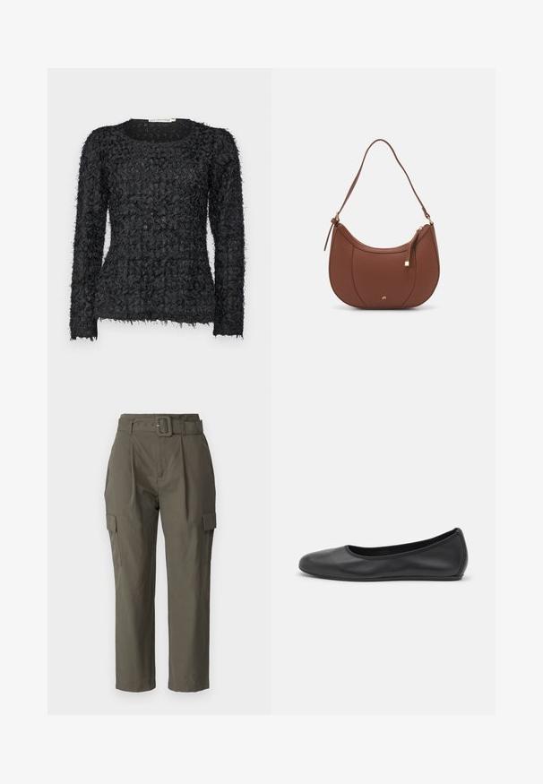 Sort tekstureret langærmet sweater med et unikt lagdelt design, der har frynset garndetaljer og en rund halsudskæring.; Cargo bukser i olivengrøn, lavet af letvægtsstof. Funktioner inkluderer en bæltet talje, frontplisseringer og sidelommer med klaplukning.; Sort læderballetsko med rund tå, glat tekstur, minimal syning og et fleksibelt såldesign.; Brun faux læder skuldertaske med buet form, minimal syning og en guldtonet hardwaredetalje. Har en top lynlåslukning og justerbar rem.