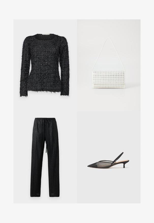 Black textured long-sleeve sweater featuring a unique layered design with frayed yarn accents and a round neckline.; Black, lightweight pants with a textured, shiny surface. Features an elastic waistband with a drawstring and a loose fit.; NEOUS IRENA - Classic heels - black; White handbag with a rounded shape, featuring a textured surface of silver studs. It has a thin shoulder strap and a sleek closure.